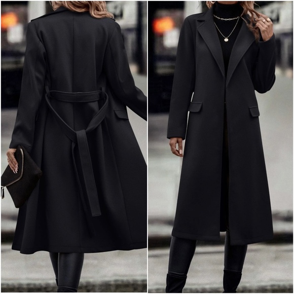 Classic Open Front Belted Long Jacket Coat - Picture 4 of 8